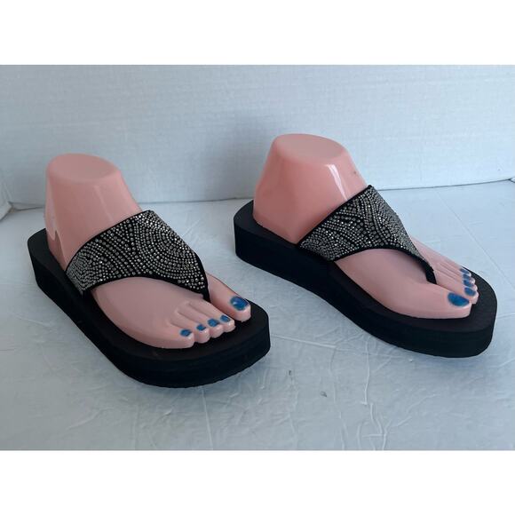 Skechers Vinyasa Stone Candy Black W/ Silver Rhinestones Wedge Thong Sandals 8 - Picture 2 of 12